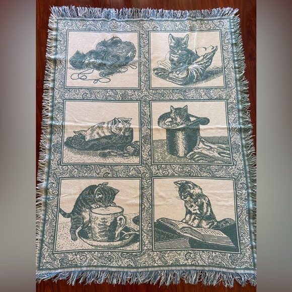 Source Unknown Other - CAT Kitten Aqua Blue and White Cotton Tapestry Throw Blanket